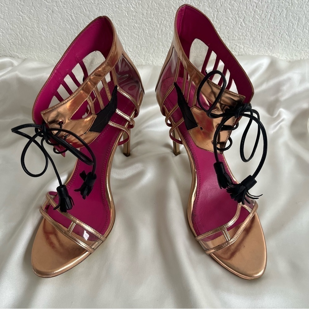 Oscar Tiye Flamingo Leather Metallic Gladiator Stilleto Sandals EU 37.5/US 7